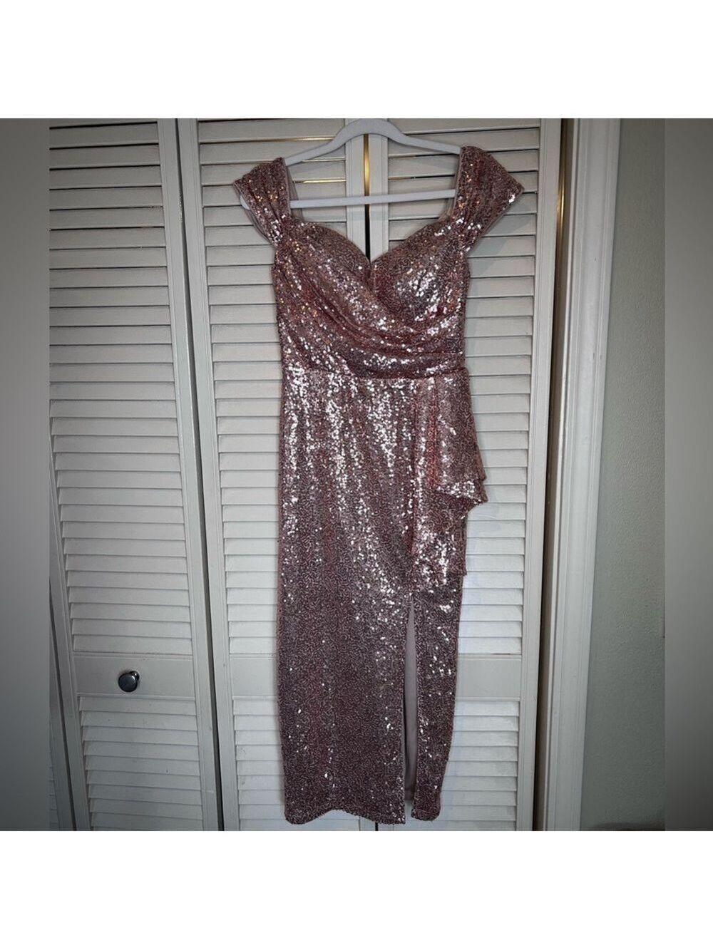 Rose Gold Sequin Off Shoulder Cocktail Midi Dress Size Small